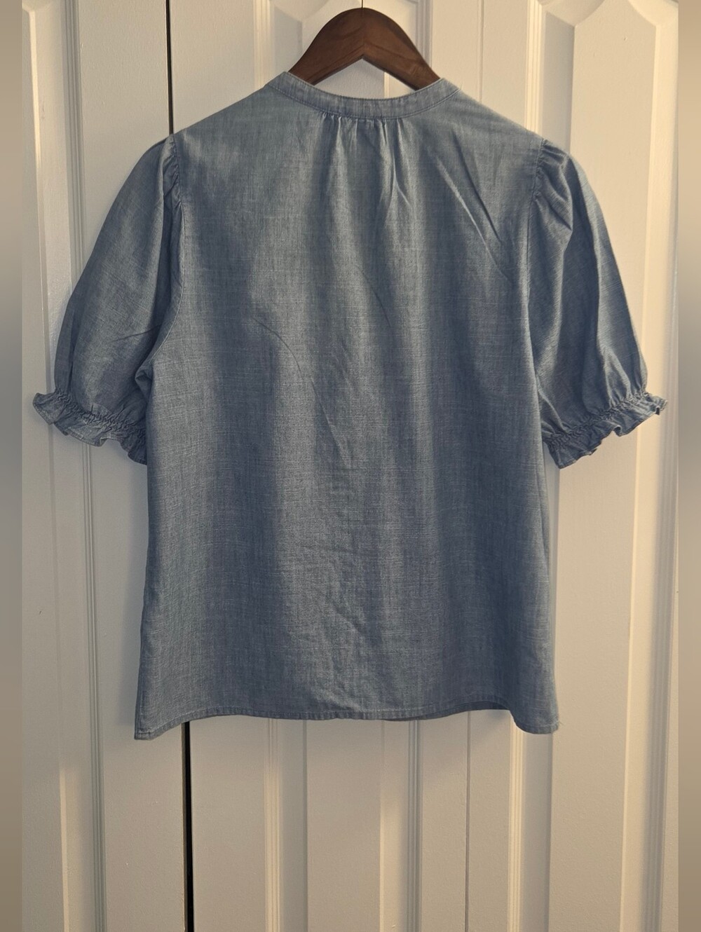 J. Crew Factory Chambray Puff-sleeve Ruffle Top Womens Size S - Picture 2 of 5